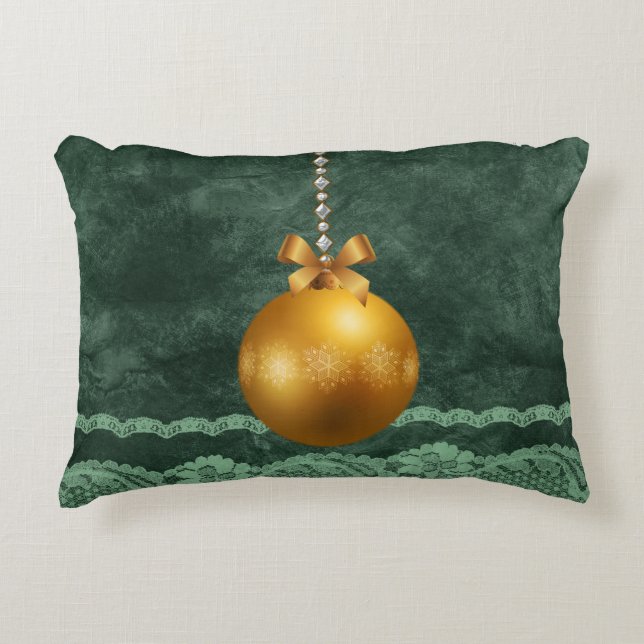 Emerald Green Faux Lace Border Gold Ornament Decorative Pillow (Front)