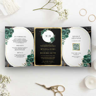 Emerald Green Floral Black Marble QR Code Wedding Tri-Fold Invitation