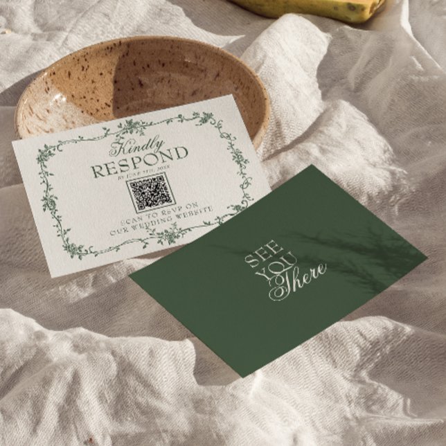 Emerald Green Floral Boho QR Code Wedding RSVP Card (Creator Uploaded)