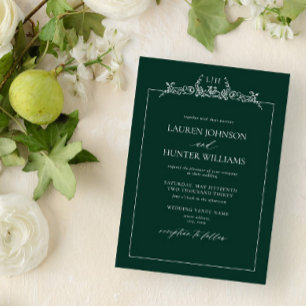 Emerald Green Floral Border Monogram Wedding Invitation