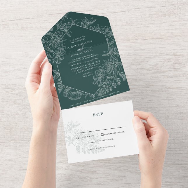 Emerald Green Floral Botanical Wedding All In One Invitation (Tearaway)