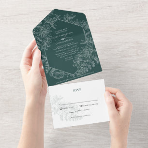 Emerald Green Floral Botanical Wedding All In One Invitation