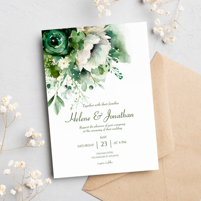 Emerald Green Floral Botanical Wedding Invitation (Creator Uploaded)