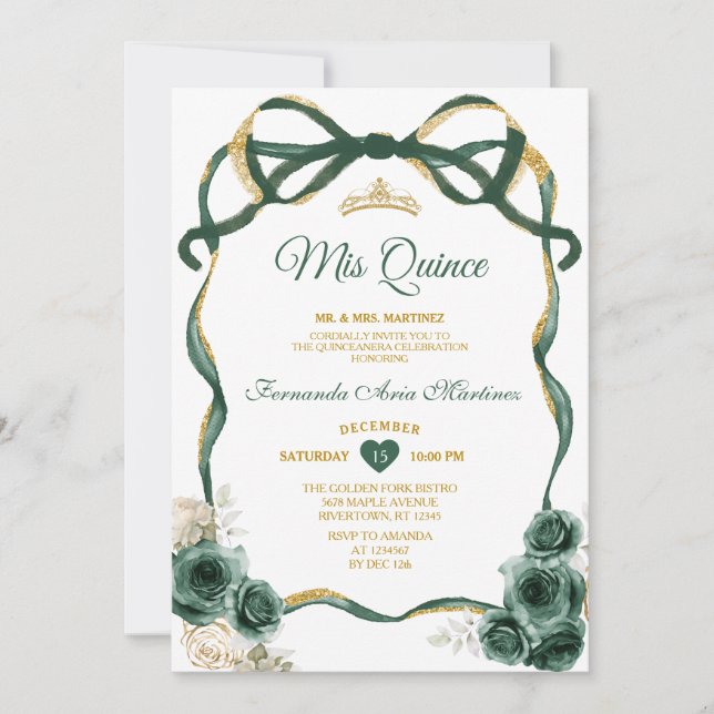 Emerald Green Floral Bow Ribbon Gold Mis Quince Invitation (Front)