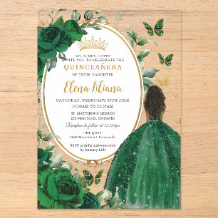 Emerald Green Floral Brown Princess Quinceañera Acrylic Invitations
