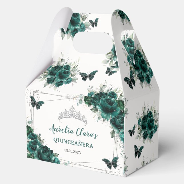Emerald Green Floral Butterflies Birthday Gable Favor Box (Front)
