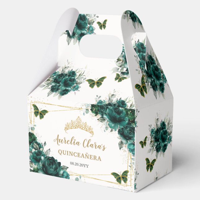 Emerald Green Floral Butterflies Birthday Gable Favor Box (Front)