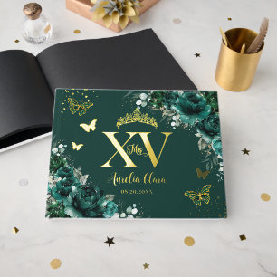 Emerald Green Floral Butterflies Gold Quinceañera  Guest Book