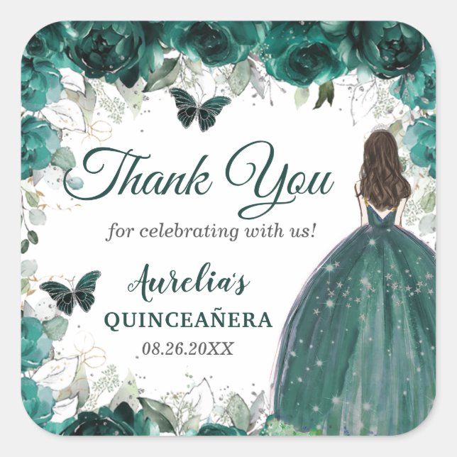 Emerald Green Floral Butterflies Princess Favour Square Sticker (Front)