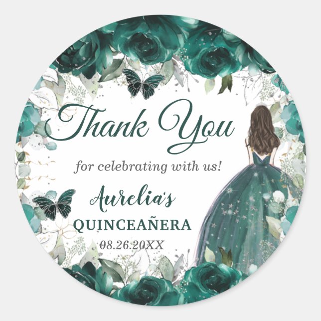 Emerald Green Floral Butterflies Princess Silver  Classic Round Sticker (Front)