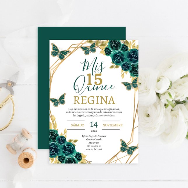 Emerald Green Floral Butterflies Quinceañera Invitation (Creator Uploaded)