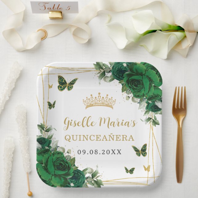 Emerald Green Floral Butterflies Quinceañera Paper Plate (Wedding)