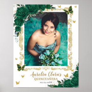 Emerald Green Floral Butterflies Quinceanera Photo Poster