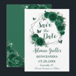 Emerald Green Floral Butterflies Sweet 16 Birthday Save The Date<br><div class="desc">Personalize this pretty emerald green floral Quinceañera / Sweet 16 birthday save the date easily and quickly. Featuring chic emerald green flowers, butterflies and silver elements. Simply click the Edit Using Design Tools button to further edit the text, wording, font style, font size, font colour, add more text, move or...</div>