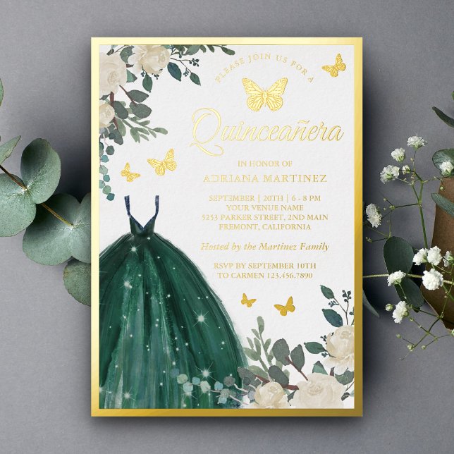 Emerald Green Floral Butterfly Quinceanera Gold (Creator Uploaded)