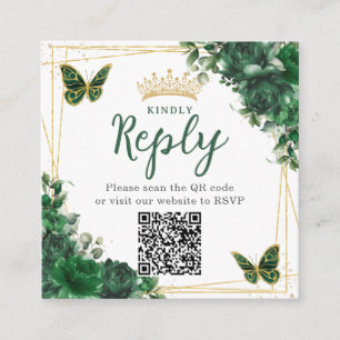Emerald Green Floral Butterfly Quinceanera QR Code Enclosure Card