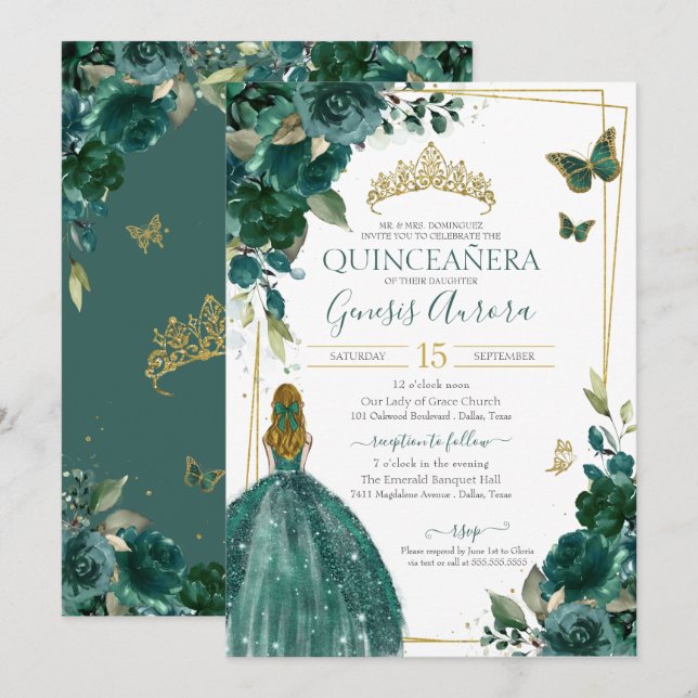 Emerald Green Floral Butterfly with Dress Invitation (Front/Back)