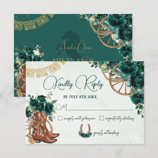Emerald Green Floral Charro West Quinceañera Reply RSVP Card (Front/Back)