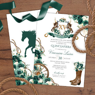 Emerald Green Floral Crest Charro Quinceanera Invitation