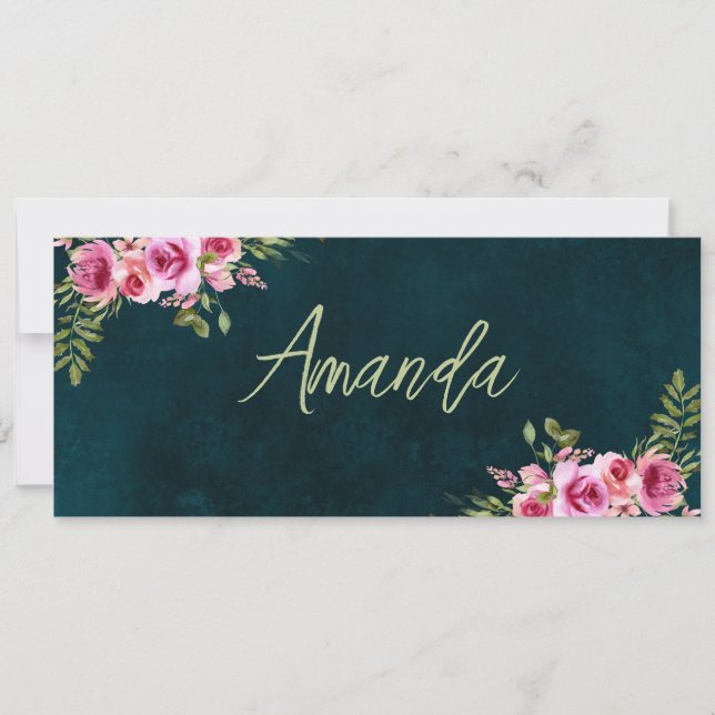 Emerald Green Floral Dark Moody Wedding Place Card (Front)
