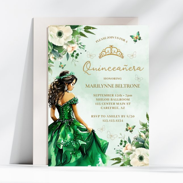 Emerald Green Floral Dress Butterfly Quinceañera  Invitation (Creator Uploaded)