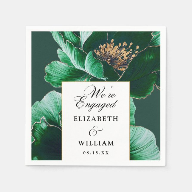 Emerald Green Floral Elegant Engagement Party Napkin (Front)
