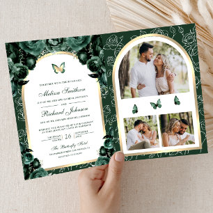 Emerald Green Floral Gold Arch Butterfly Wedding Invitation