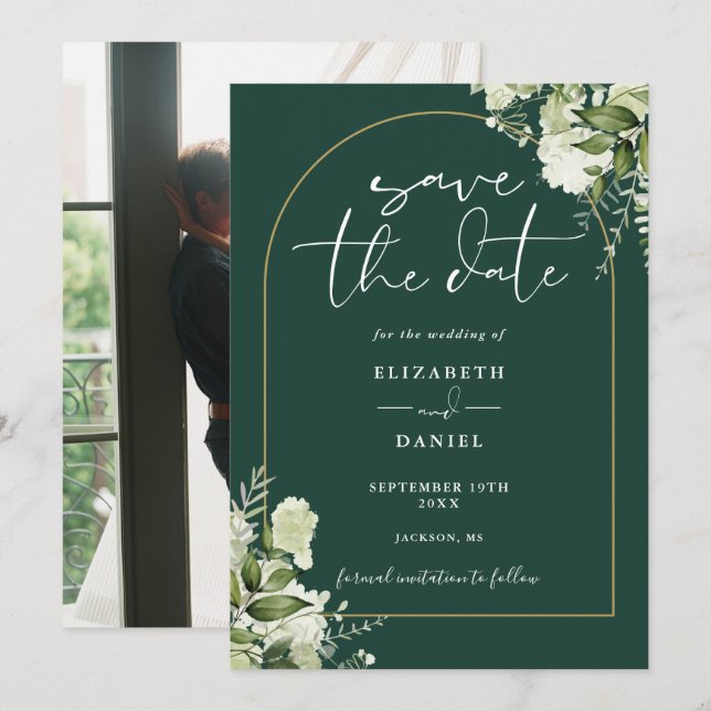 Emerald Green Floral Gold Arch Photo Wedding Save The Date (Front/Back)