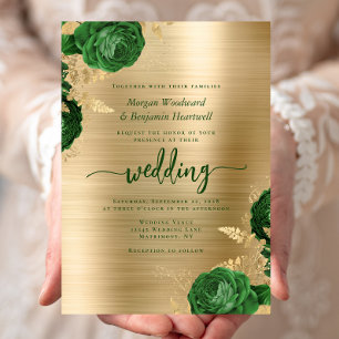 Emerald Green Floral Gold Brushed Metal Wedding Invitation
