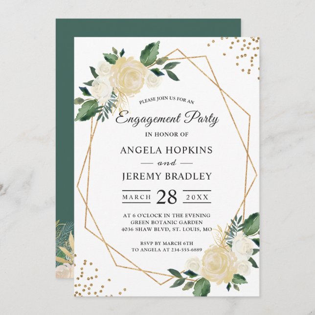 Emerald Green Floral Gold Frame Engagement Party Invitation (Front/Back)