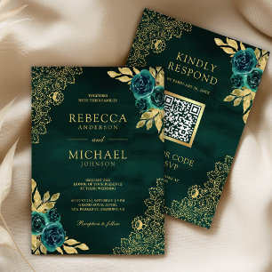 Emerald Green Floral Gold Lace QR Code Wedding Invitation