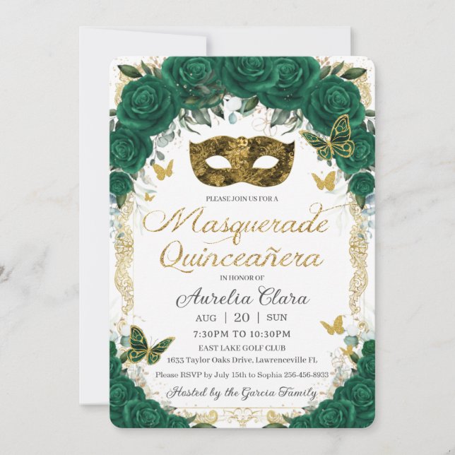 Emerald Green Floral Gold Masquerade Quinceañera Invitation (Front)