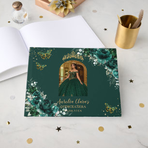 Emerald Green Floral Gold Quinceañera Quince Photo Guest Book