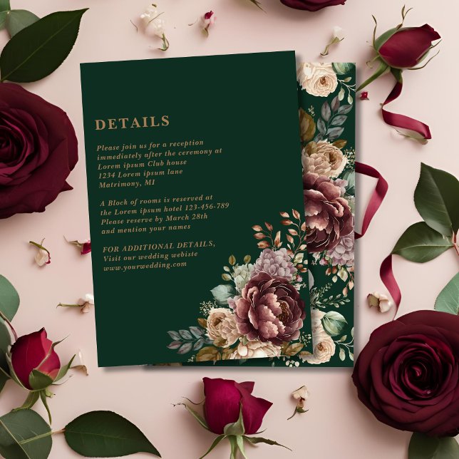 Emerald Green Floral Gold Wedding Details Enclosure Card (Creator Uploaded)
