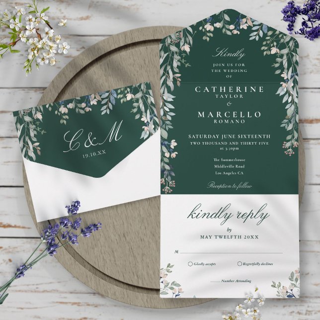 Emerald Green Floral Greenery Cascade Wedding  All In One Invitation (Creator Uploaded)