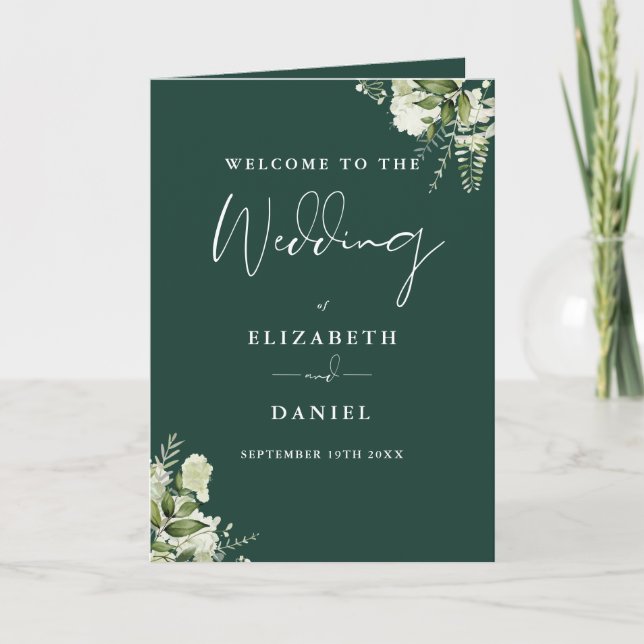 Emerald Green Floral Greenery Wedding  Program (Front)