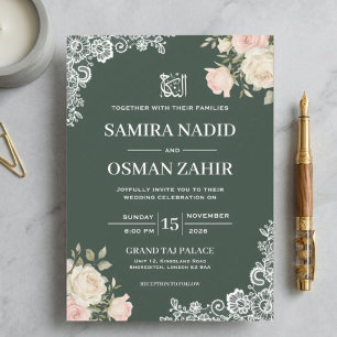 Emerald Green Floral Lace Nikkah Muslim Wedding Invitation