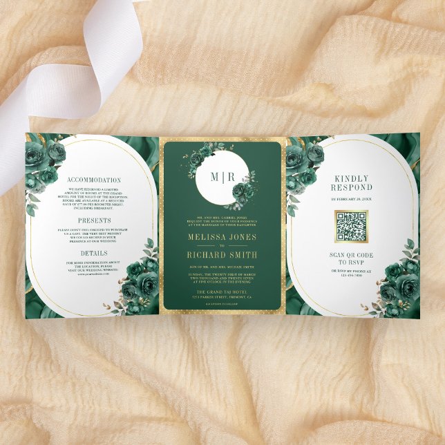 Emerald Green Floral Marble All in One Wedding Tri-Fold Invitation (Creator Uploaded)