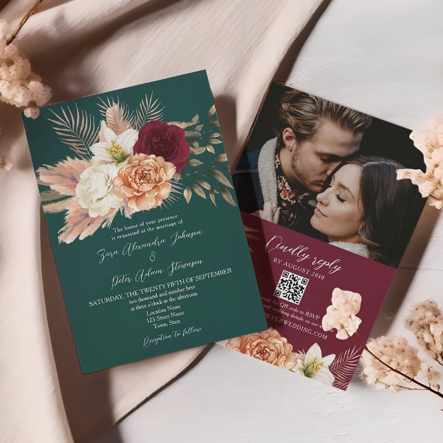 Emerald Green Floral Mariage QR Code Invitation (Créateur téléchargé)