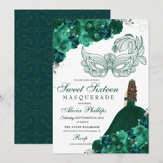 Emerald Green Floral Masquerade Sweet 16 Invitatio Invitation (Front/Back)