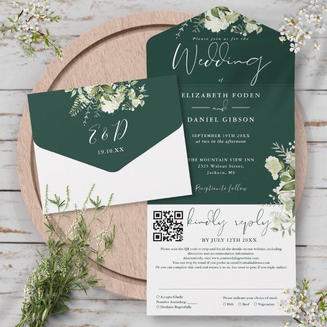 Emerald Green Floral Monogram QR Code Wedding All In One Invitation (Emerald Green Floral Monogram QR Code Wedding All In One Invitation)