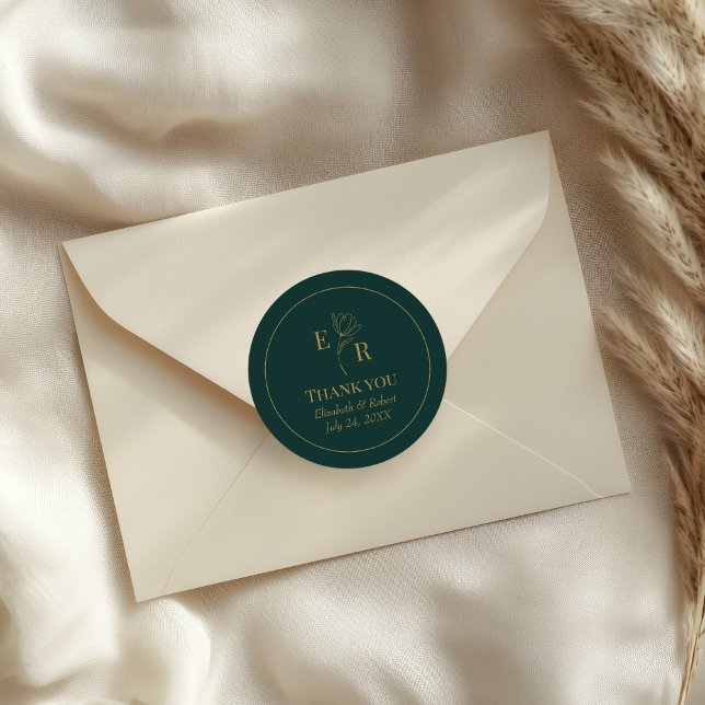 Emerald Green Floral Monogram Wedding Thank You Classic Round Sticker (Emerald Green Floral Monogram Wedding Thank You Classic Round Sticker on an elegant wedding envelope)