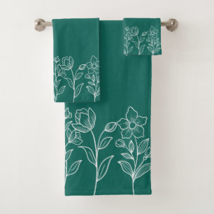 Emerald Green Floral Pattern Modern Unique Bath Towel Set