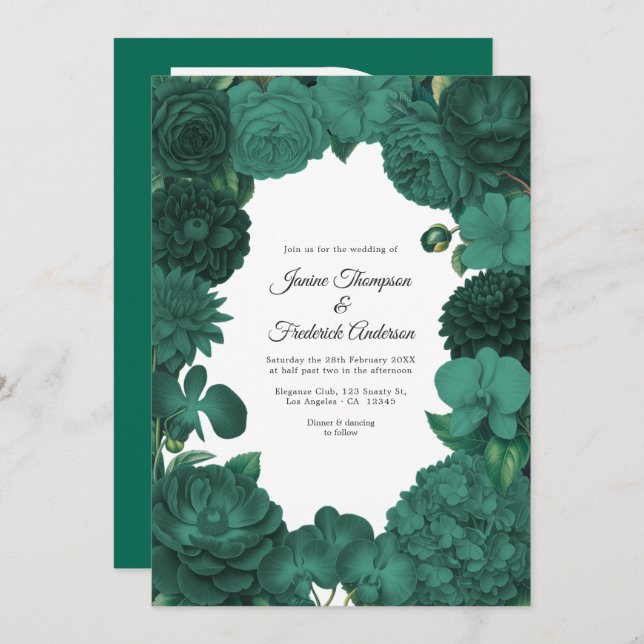 Emerald Green Floral Photo and QR Code Wedding Invitation (Front/Back)