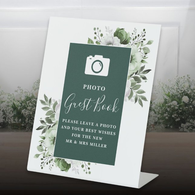 Emerald Green Floral Photo Guest Book Wedding Pedestal Sign (Emerald Green Floral Photo Guest Book Wedding Pedestal Sign)