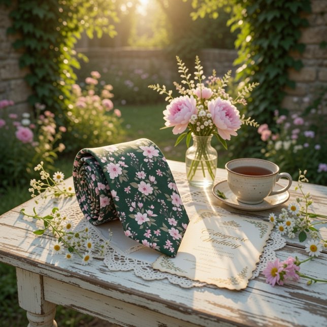 Emerald Green Floral Pink Blossom Tie (Creator Uploaded)