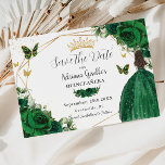 Emerald Green Floral Princess Gold Quinceañera Save The Date<br><div class="desc">Personalize this pretty emerald green floral geometric gold Quinceañera / Sweet 16 birthday save the date easily and quickly. Simply click the customize it further button to edit the texts, change fonts and fonts colours. Featuring a girl dressed in a beautiful glittery emerald green ball gown, vibrant emerald green roses,...</div>