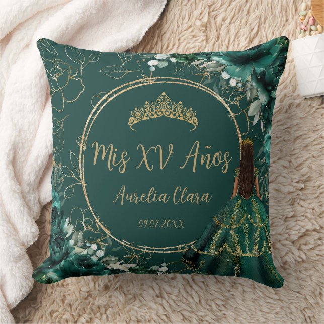 Emerald Green Floral Princess Quinceañera Keepsake Throw Pillow (Blanket)