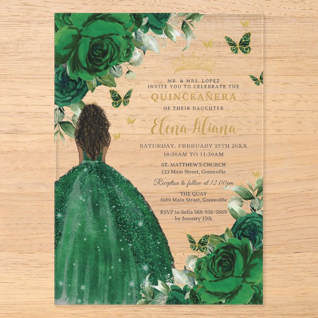 Emerald Green Floral Princess Quinceañera Sweet 16 Acrylic Invitations (Front)