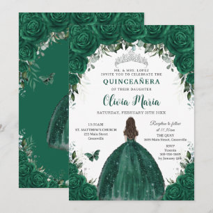 Emerald Green Floral Princess Silver Quinceañera Invitation